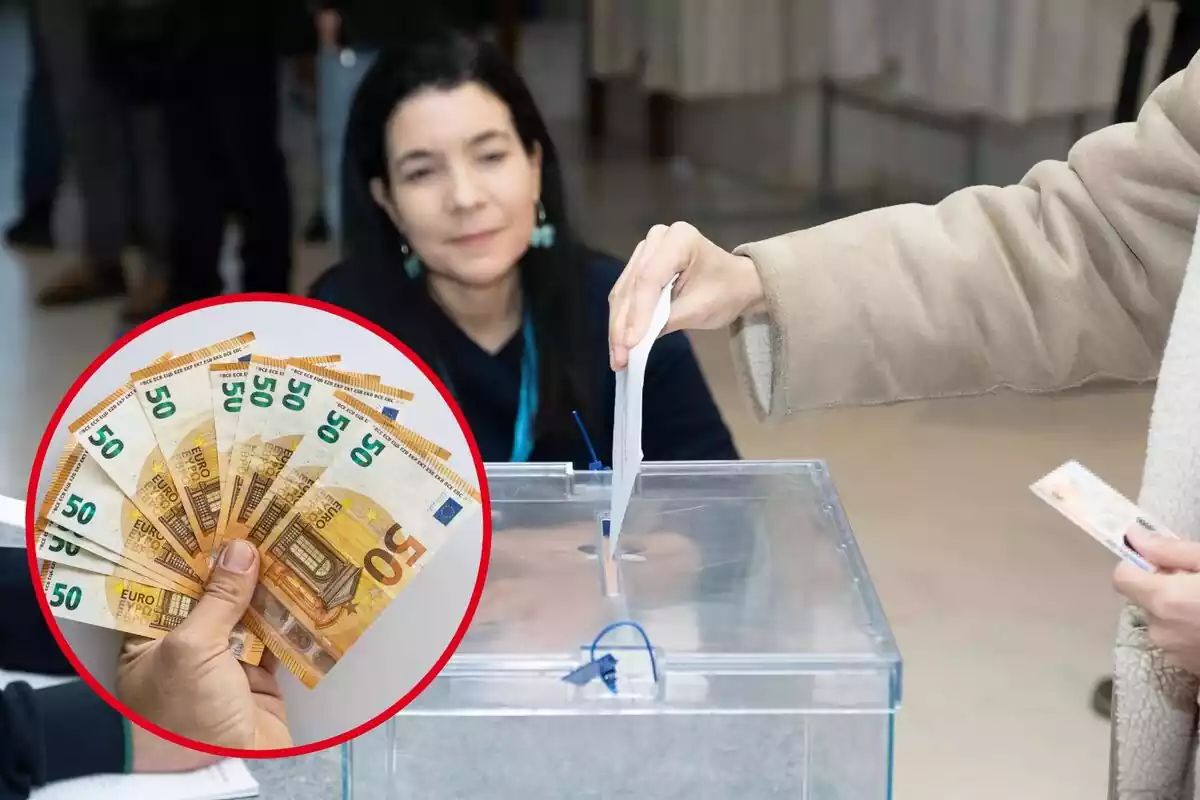 Una persona introdueix la seva vota a l'urna davant de l'atenta mirada d'un membre de la taula, i al cercle, diversos bitllets de 50 euros