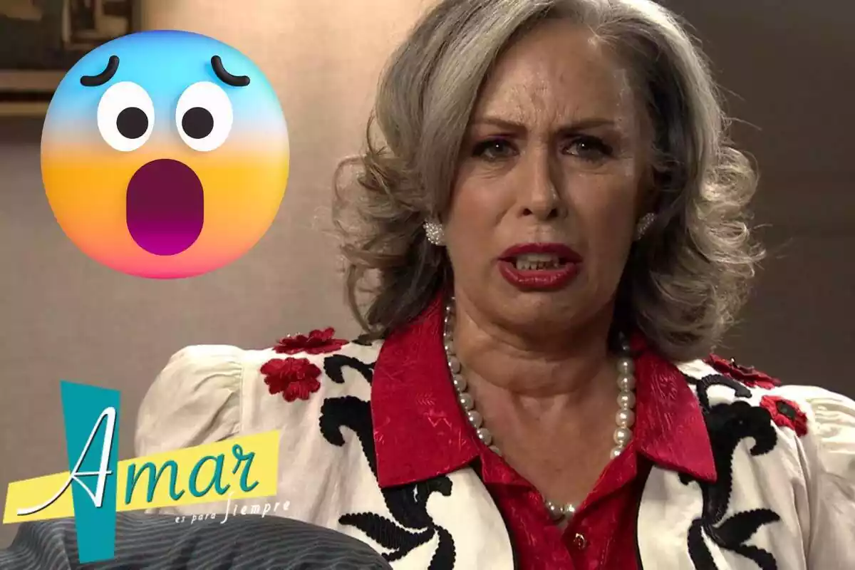 Muntatge d'Elena enfadada a 'Amar es para siempre', el logo de la sèrie i un emoji en xoc