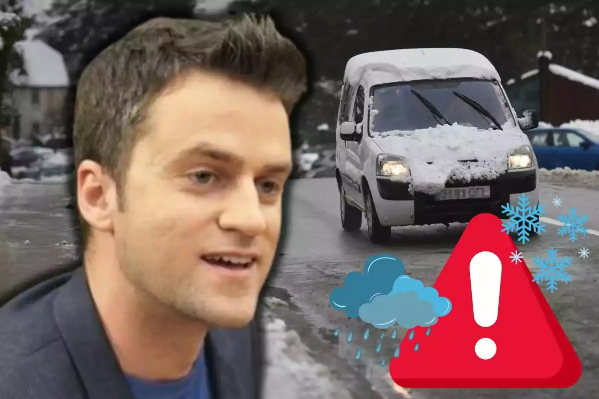 Un home en primer pla amb una expressió neutral i al fons un vehicle cobert de neu en una carretera hivernal amb una icona d'advertència de clima fred i plujós. Un home en primer pla amb una expressió neutral i al fons un vehicle cobert de neu en una carretera hivernal amb una icona d'advertència de clima fred i plujós.
