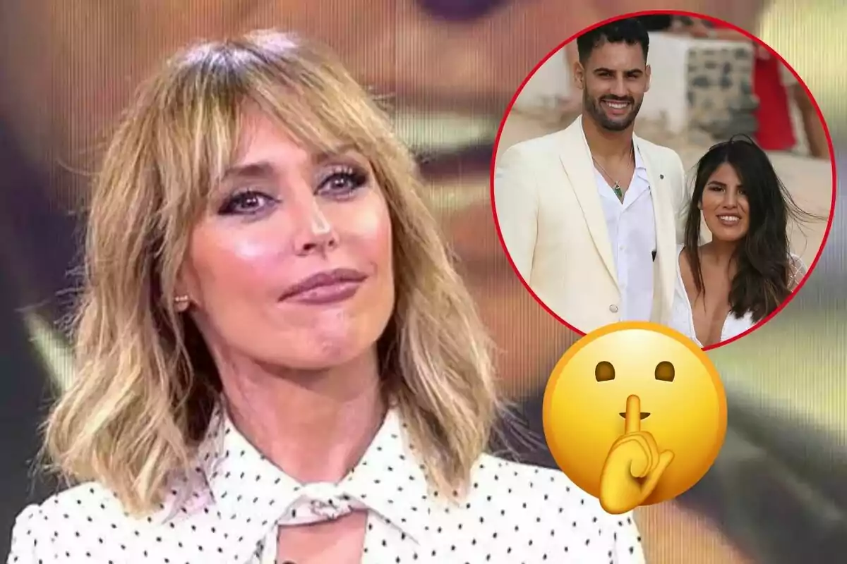 Emma García con cabello rubio y expresión seria aparece en primer plano, mientras que en un círculo rojo en la esquina superior derecha se ve a Asraf Beno e Isa Pantoja sonriendo, con un emoji de silencio superpuesto.