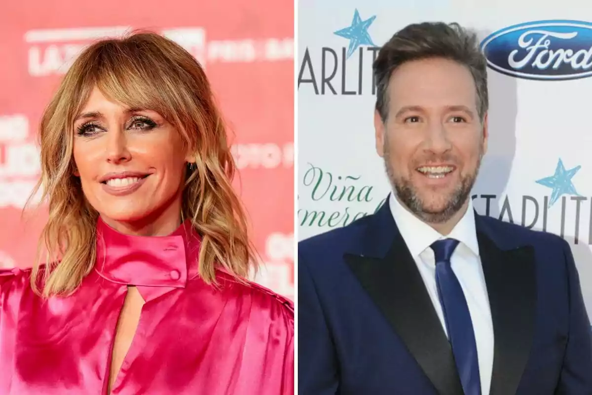 Emma García and Carlos Latre posing at an event with a red carpet background and logos. Emma García and Carlos Latre posing at an event with a red carpet background and logos.