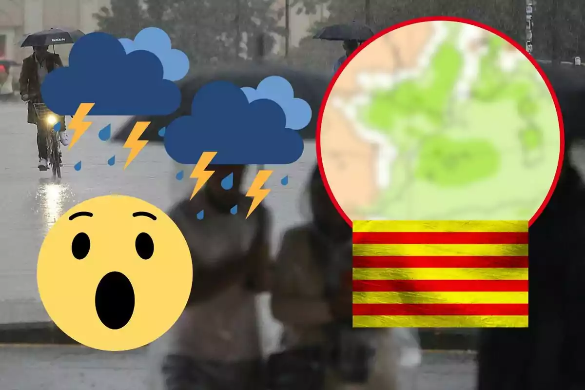 Una imatge de persones sota la pluja amb emojis de núvols de tempesta, un rostre sorprès i un mapa borrós amb una bandera de ratlles grogues i vermelles.