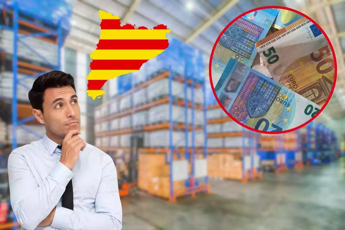 Muntatge d´empresari pensatiu amb silueta de Catalunya i fàbrica de fons i cercle amb bitllets d´euros.