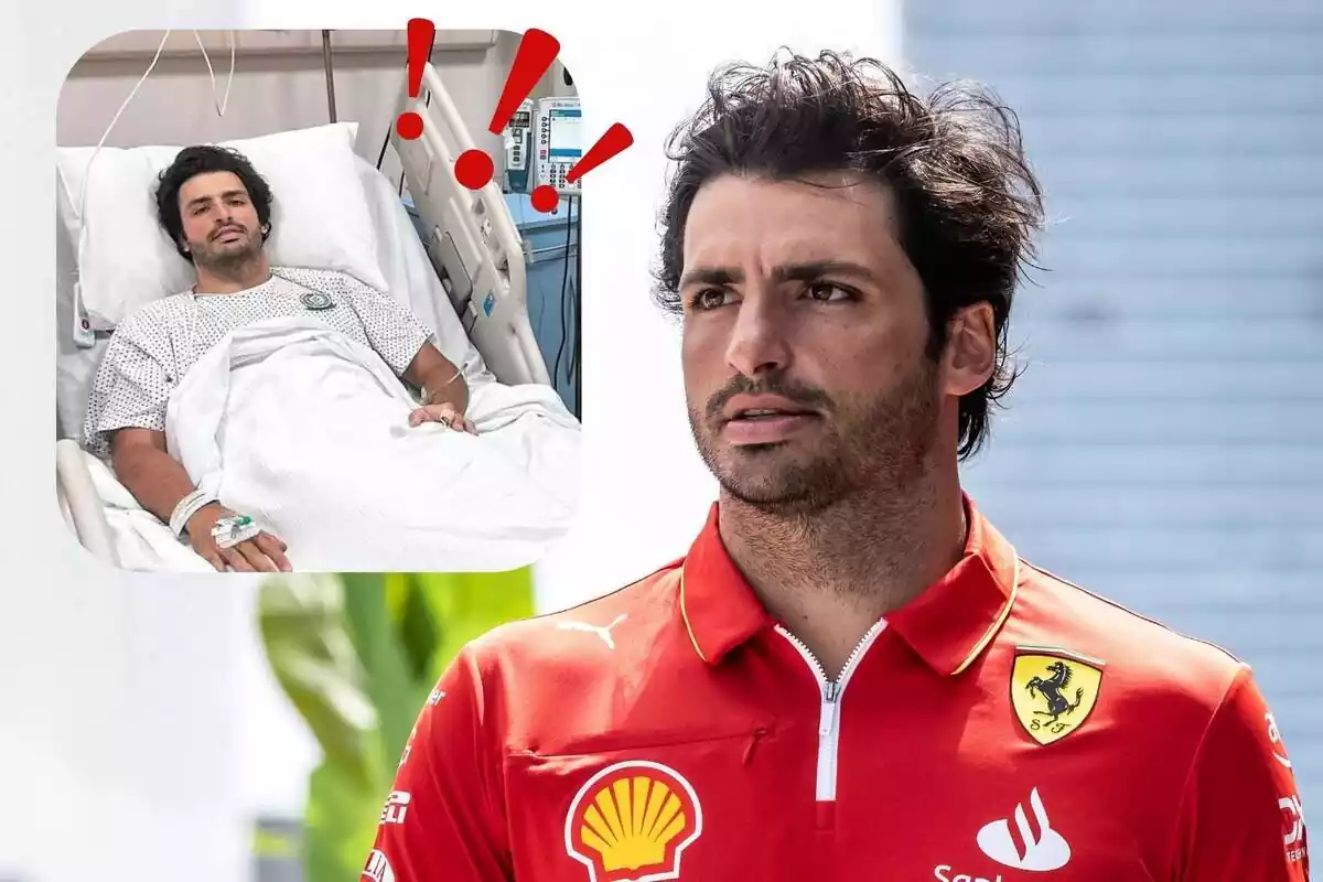 Muntatge en primer pla de Carlos Sainz Jr. juntament amb una imatge seva a l'hospital