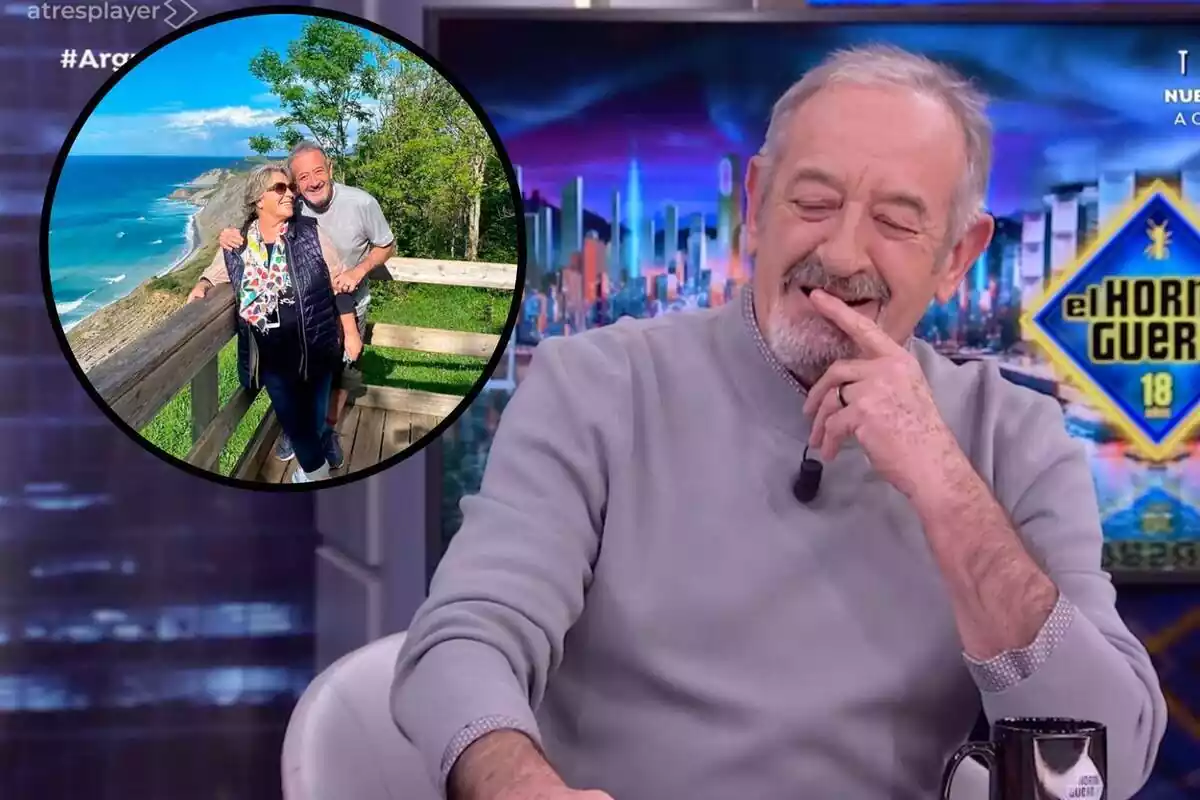 Muntatge en primer pla de Karlos Arguiñano al plató d''El Hormiguero' amb una imatge amb la seva dona