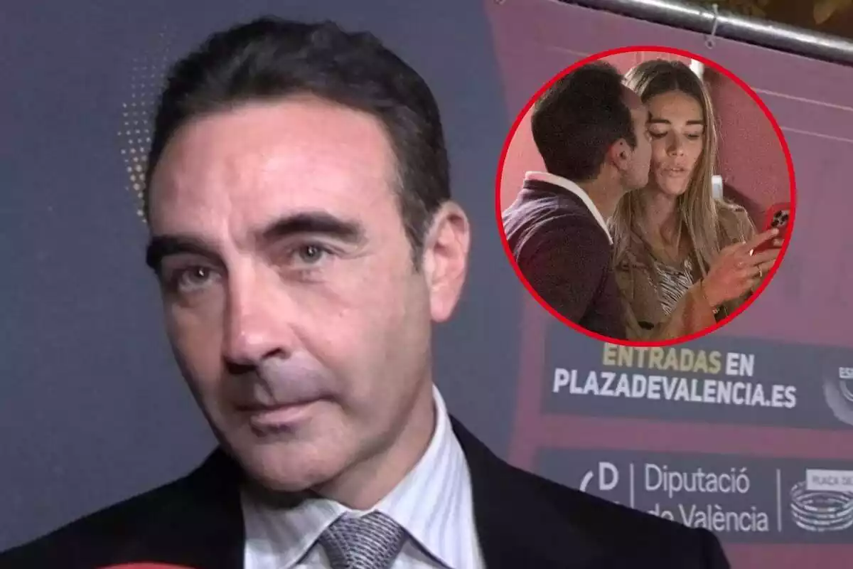 Muntatge d'Enrique Ponce mirant a càmera en pla curt amb una foto petita d'ell fent un petó a Ana Soria mentre ella mira el seu telèfon