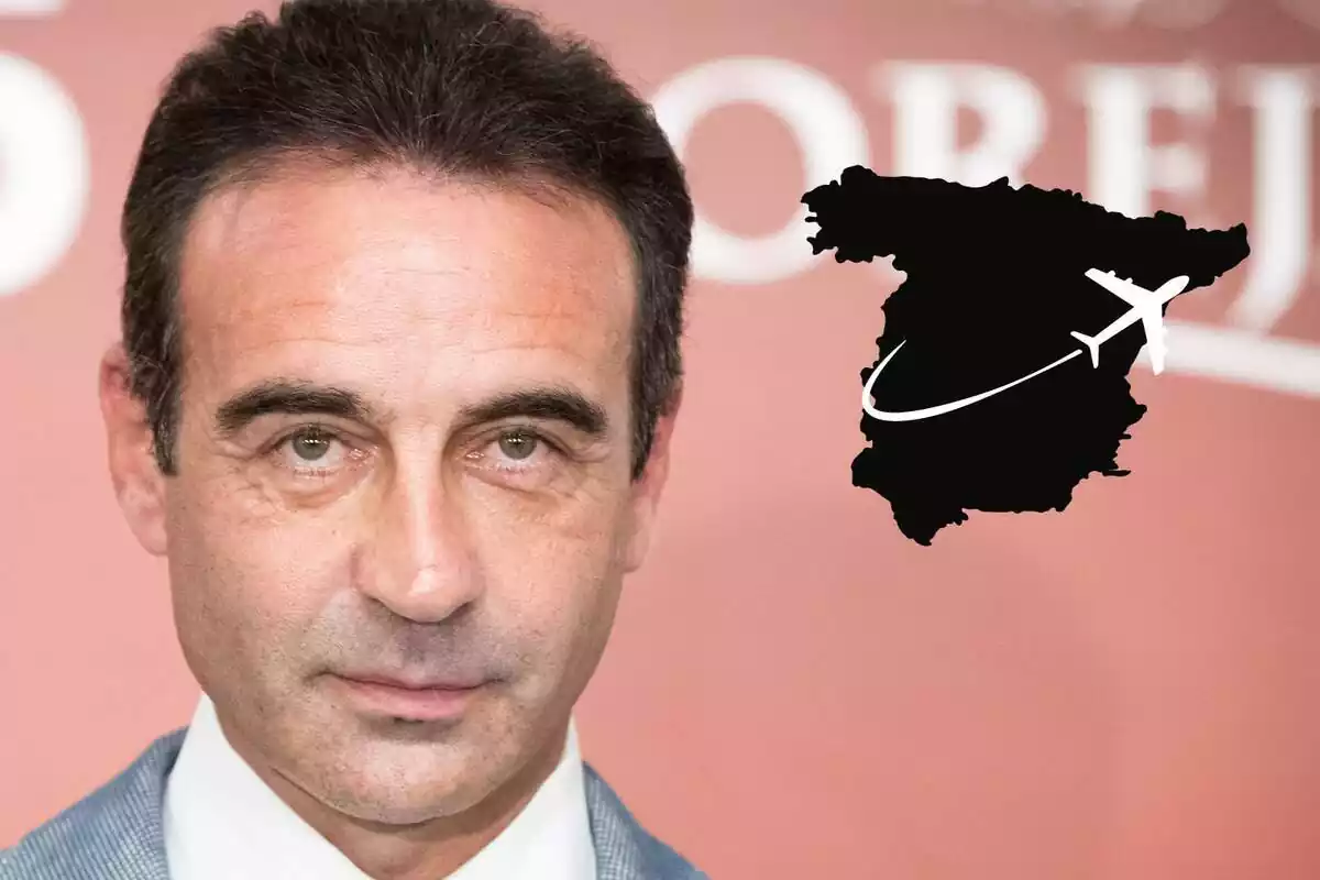 Muntatge amb un primer pla d'Enrique Ponce amb rostre neutre, la silueta d'Espanya en negre i un avió al damunt