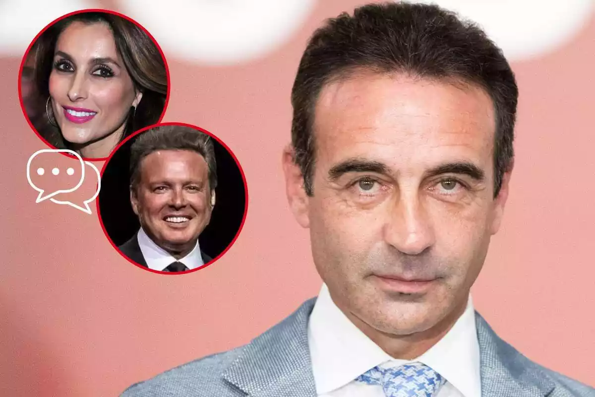 Muntatge d'Enrique Ponce amb la cara seriosa al costat de Paloma Cuevas i Luis Miguel somrients