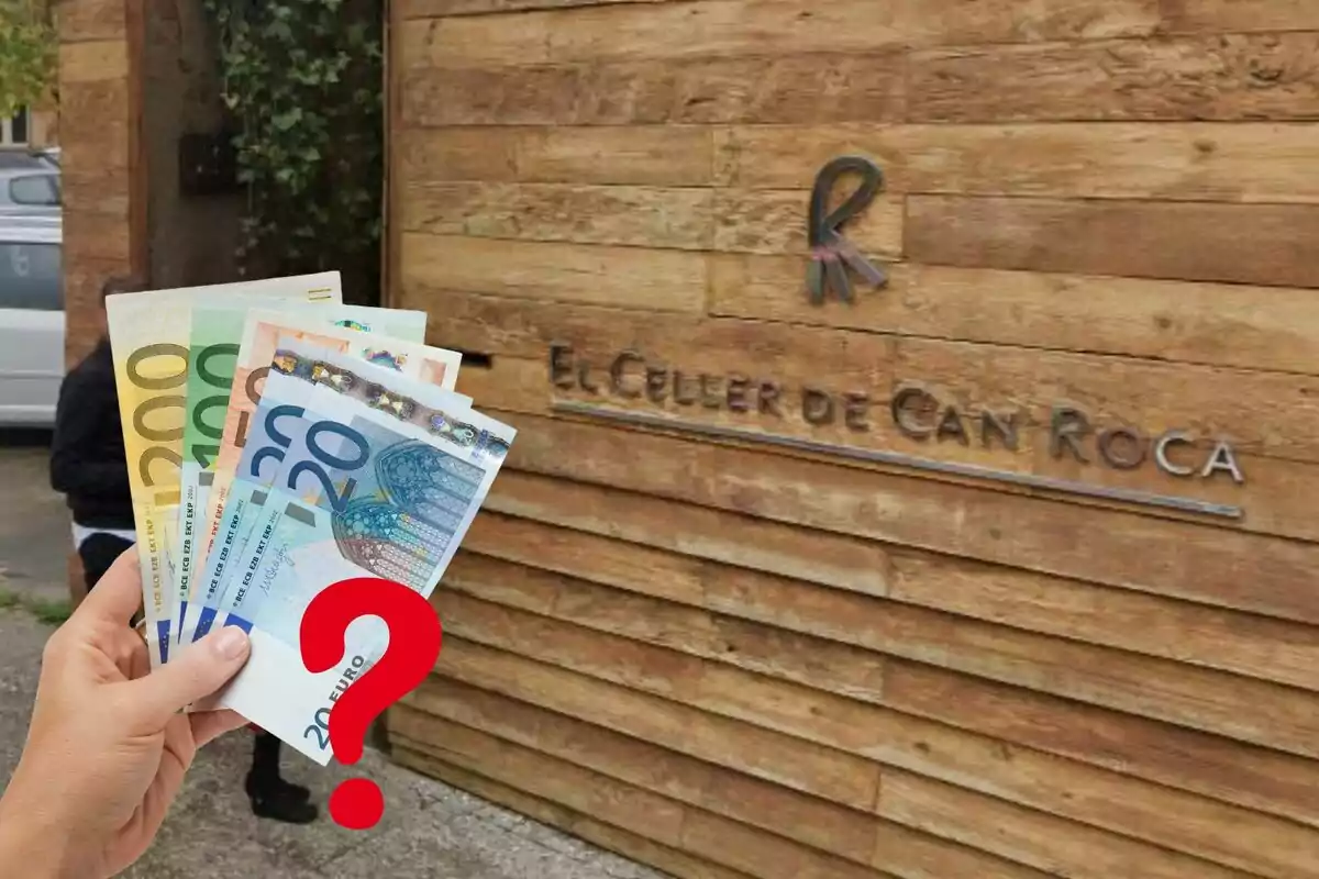 Una mà sostenint bitllets d?euro davant l?entrada d?un restaurant amb un signe d?interrogació vermell superposat.