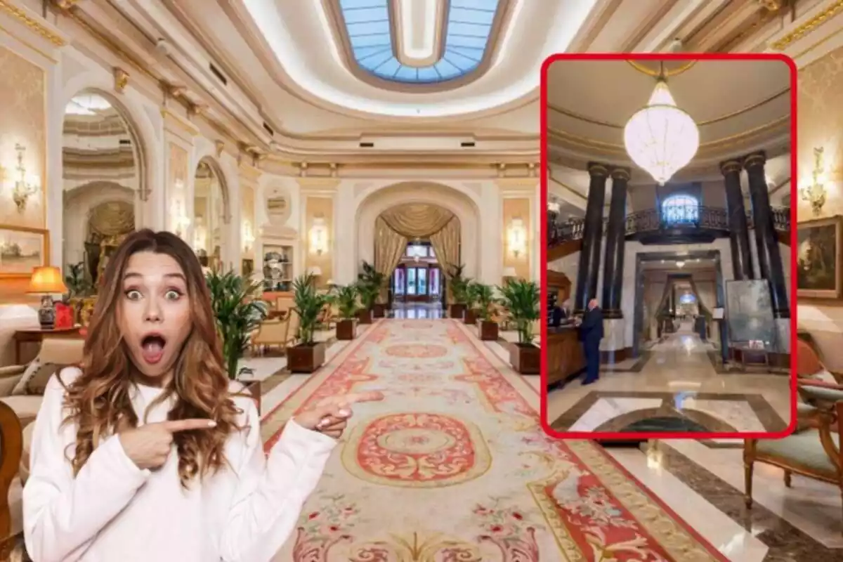 Muntatge del passadís de l'Hotel El Palace de Barcelona, l'entrada i una noia sorpresa assenyalant