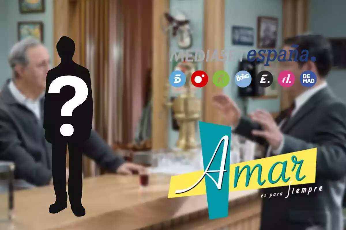 Muntatge amb una escena d''Amar es para siempre' al fons, logo de la sèrie i Mediaset i una silueta amb un interrogant