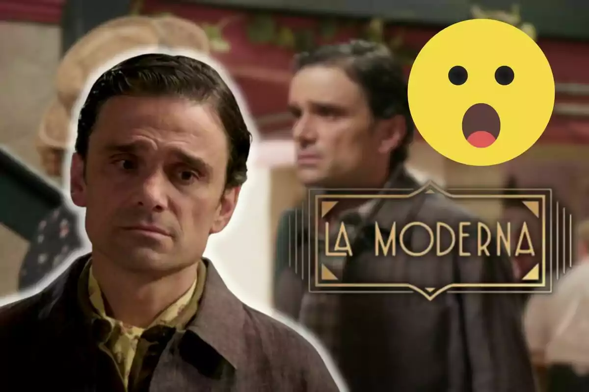 Andrea Fiorillo amb expressió seriosa davant d'un fons amb el text “La Moderna” i un emoji sorprès.