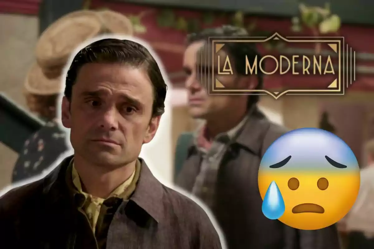 Andrea Fiorillo amb expressió trista i un emoji de cara preocupada al costat, amb el text "La Moderna" al fons.