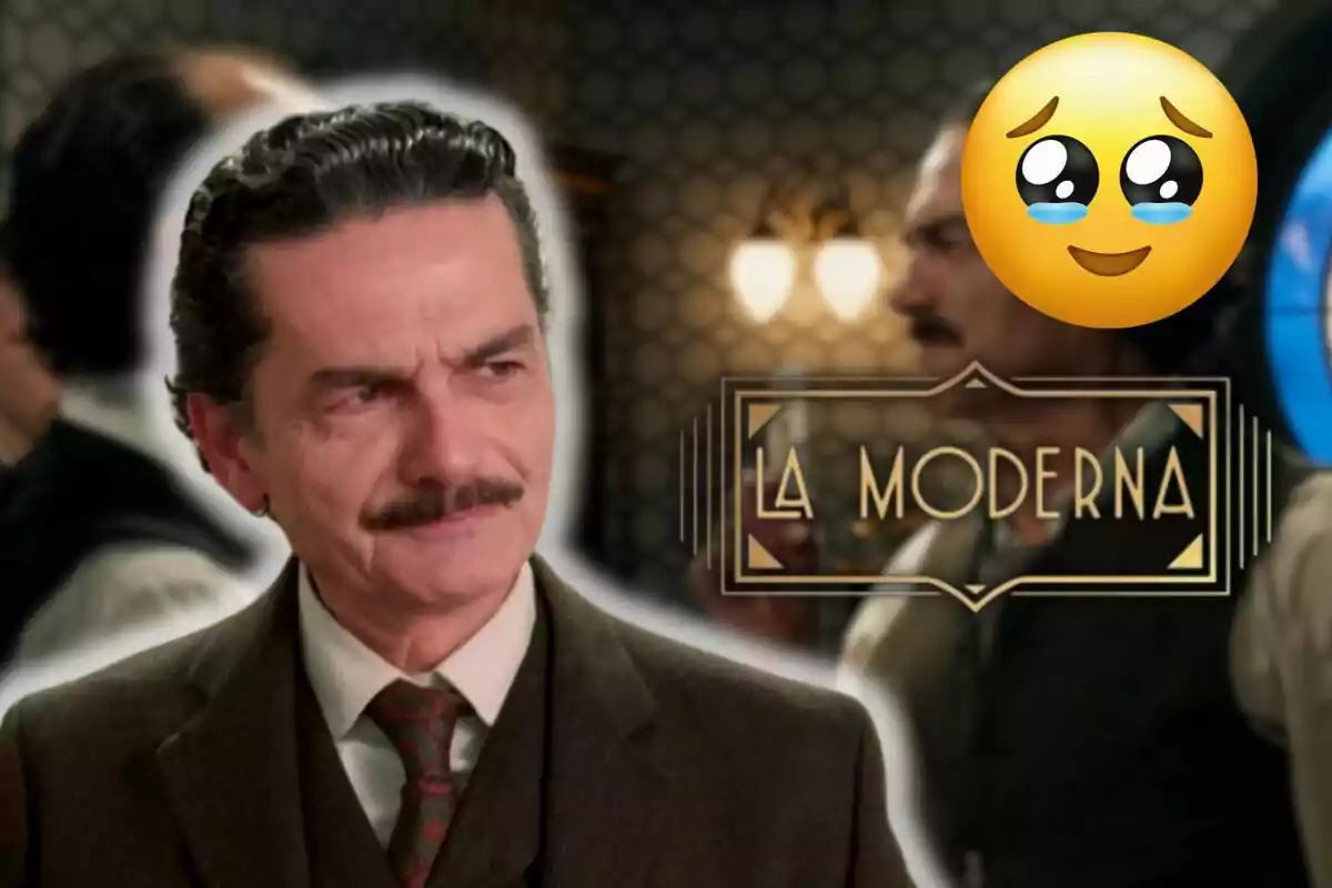 Carles Sanjaime con bigote y traje oscuro aparece en un entorno elegante con el texto "La Moderna" y un emoji de carita llorando de felicidad.