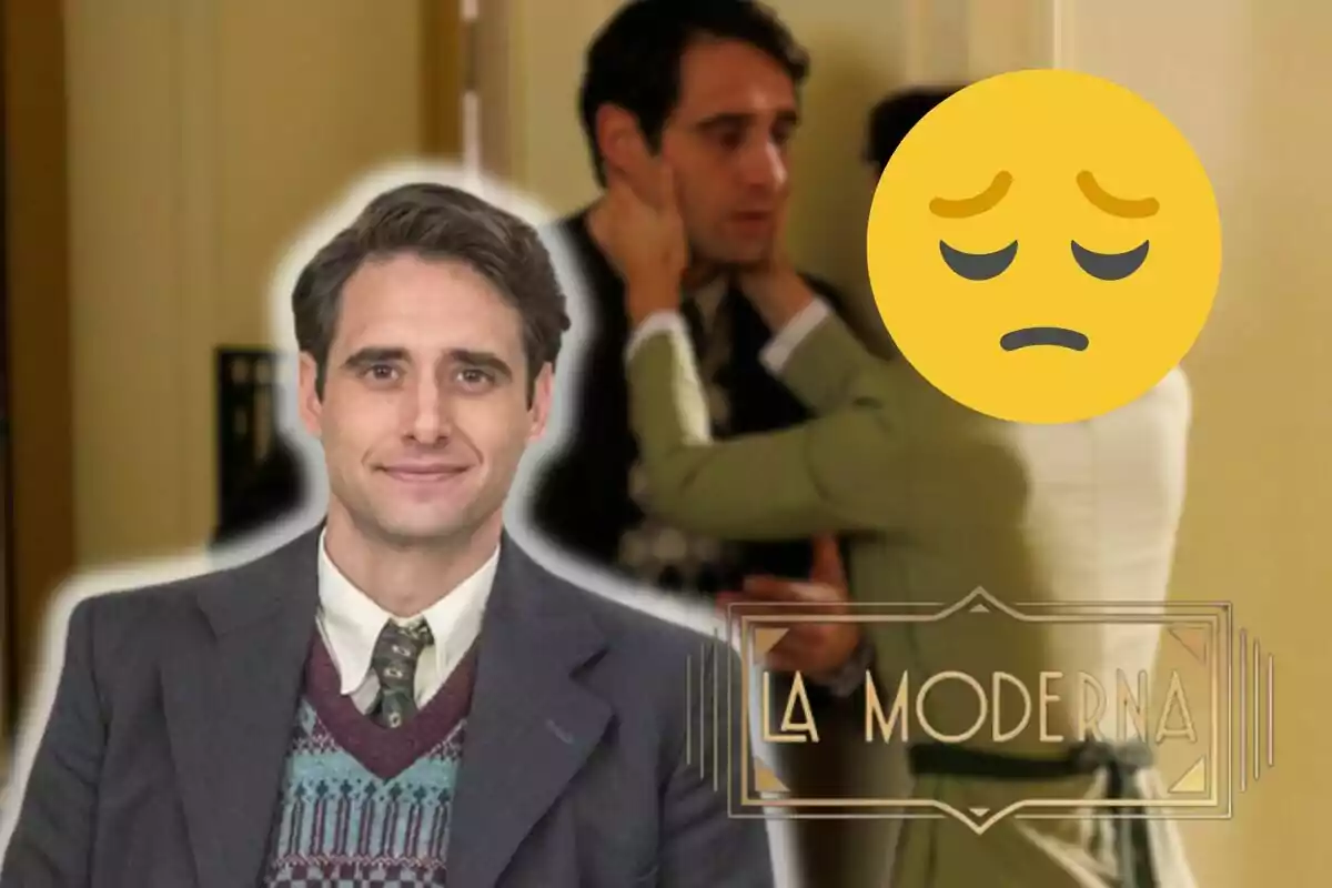 Miguel con suéter y corbata sonriendo en primer plano, escena borrosa de fondo con emoji triste y texto "La Moderna"