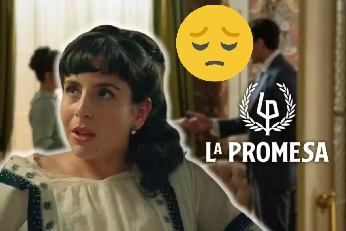 Victòria Llac amb expressió pensativa en un ambient elegant, amb un emoji de cara preocupada i el text “La Promesa” al costat.