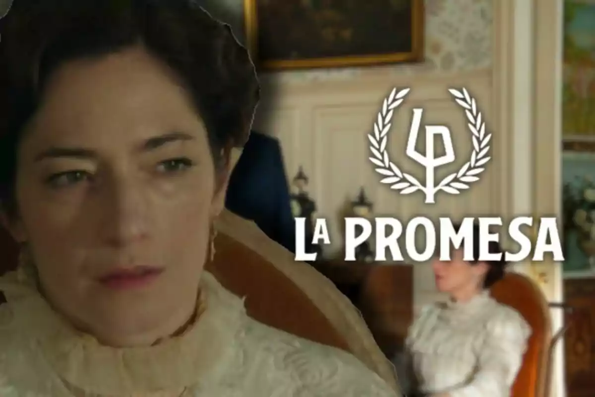 Alicia Moruno amb expressió seriosa apareix en primer pla, mentre que al fons s'observa un interior elegant amb mobles antics i el text "La Promesa" al costat d'un logotip.
