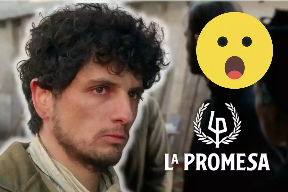 Álvaro Quintana amb expressió seriosa i cabell arrissat apareix en primer pla, acompanyat del text "La Promesa" i un emoji sorprès a la cantonada superior dreta.