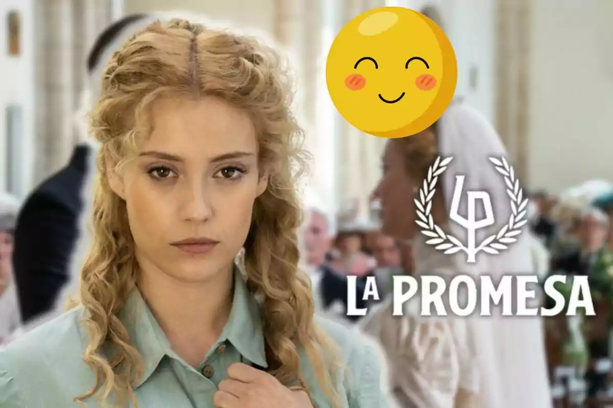 Ana Garcés de cabell arrissat ros mira al capdavant amb expressió seriosa, mentre al fons s'observa una escena borrosa d'un casament i el text "La Promesa" al costat d'un emoji somrient.