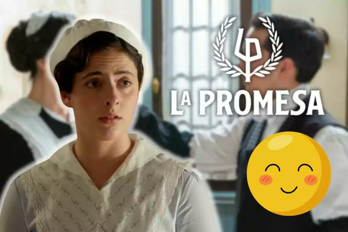 Ángela Echániz vestida de serventa apareix en primer pla amb una expressió seriosa, mentre que al fons es veu una altra persona i el text "La Promesa" al costat d'un emoji somrient.