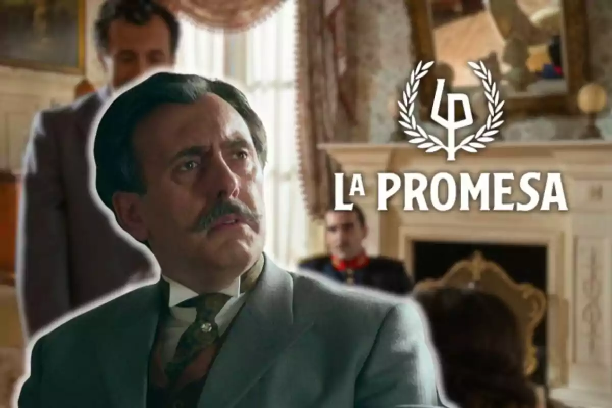 Miquel Garcia Borda amb bigoti i expressió seriosa està en una habitació elegant amb altres persones al fons i el text "La Promesa" apareix a la imatge.