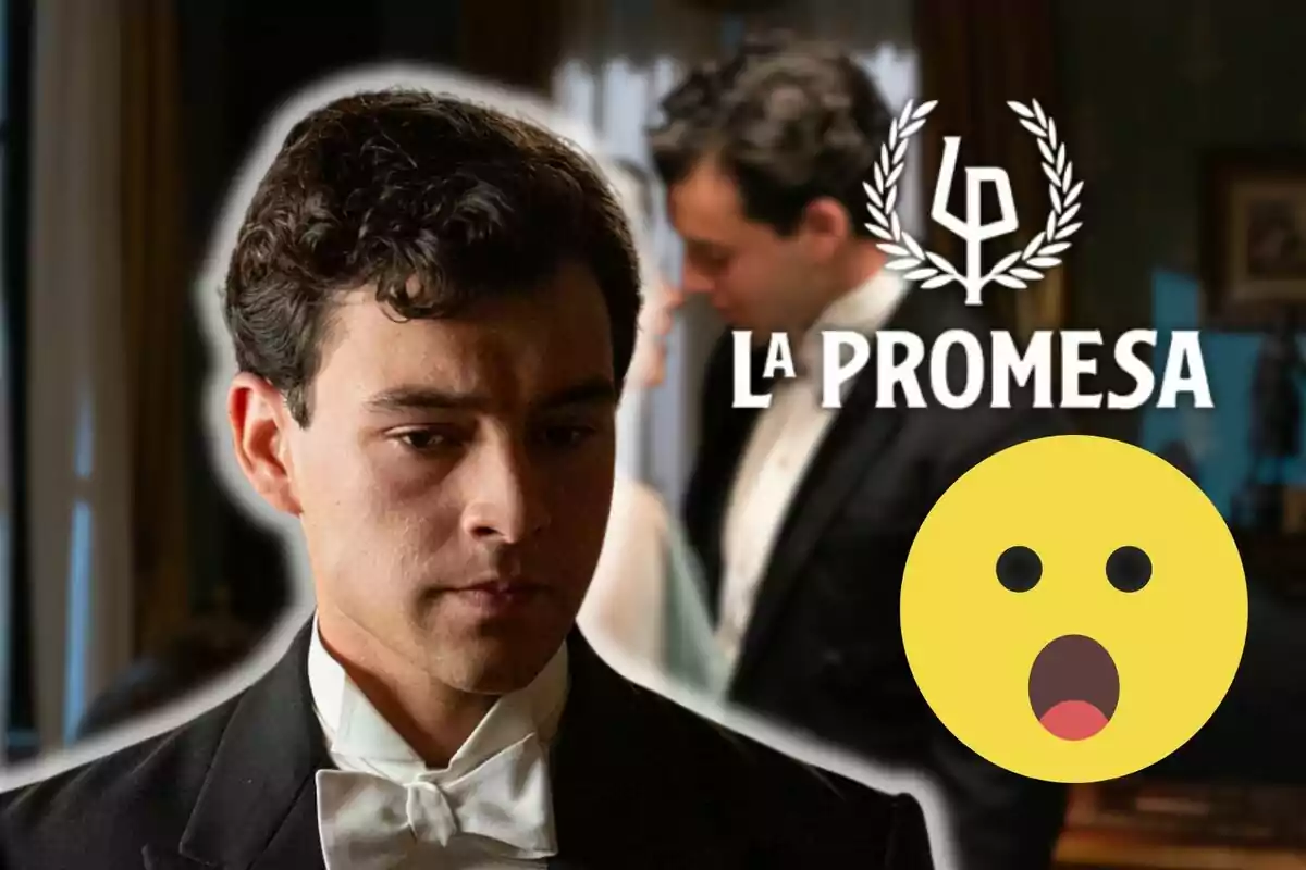 Xavi Lock amb expressió seriosa en primer pla, amb un fons desenfocat d'una parella i el text "La Promesa" amb un emoji sorprès.