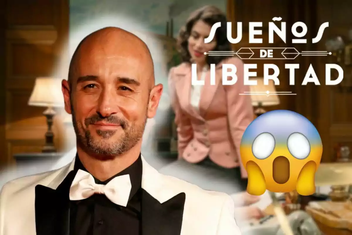 Alain Hernández amb barba i esmòquing blanc somriu davant d'un fons amb una dona i el text "Sueños de Libertad", acompanyat d'un emoji de sorpresa.