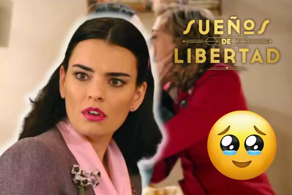 Alba Brunet amb expressió sorpresa en primer pla, darrere seu una altra persona de perfil, el text "Sueños de Libertad" i un emoji amb ulls plorosos.