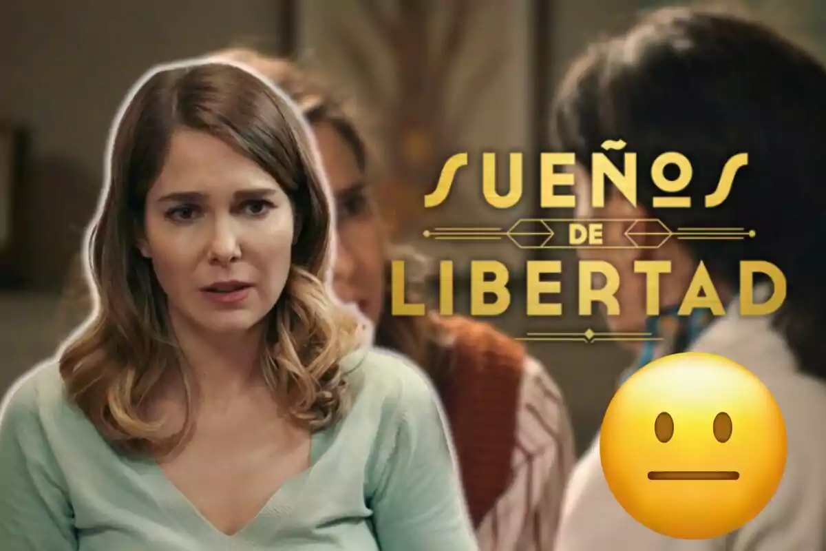 Natalia Sánchez amb expressió seriosa apareix en primer pla, amb el text "Sueños de Libertad" al fons i un emoji neutral a la cantonada inferior dreta.