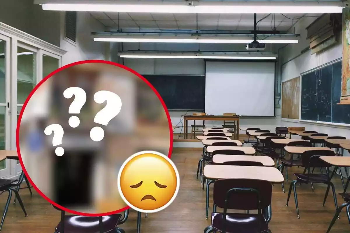 Muntatge de fotos de l'interior d'una aula i, al costat, una imatge de la façana del col·legi Sagrat Cor de Ribes amb un trist emoji