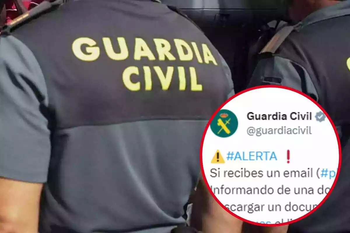 Muntatge amb l'esquena d'un agent de la Guàrdia Civil i un cercle amb el comunicat que ha publicat el cos de seguretat a la xarxa social 'X'