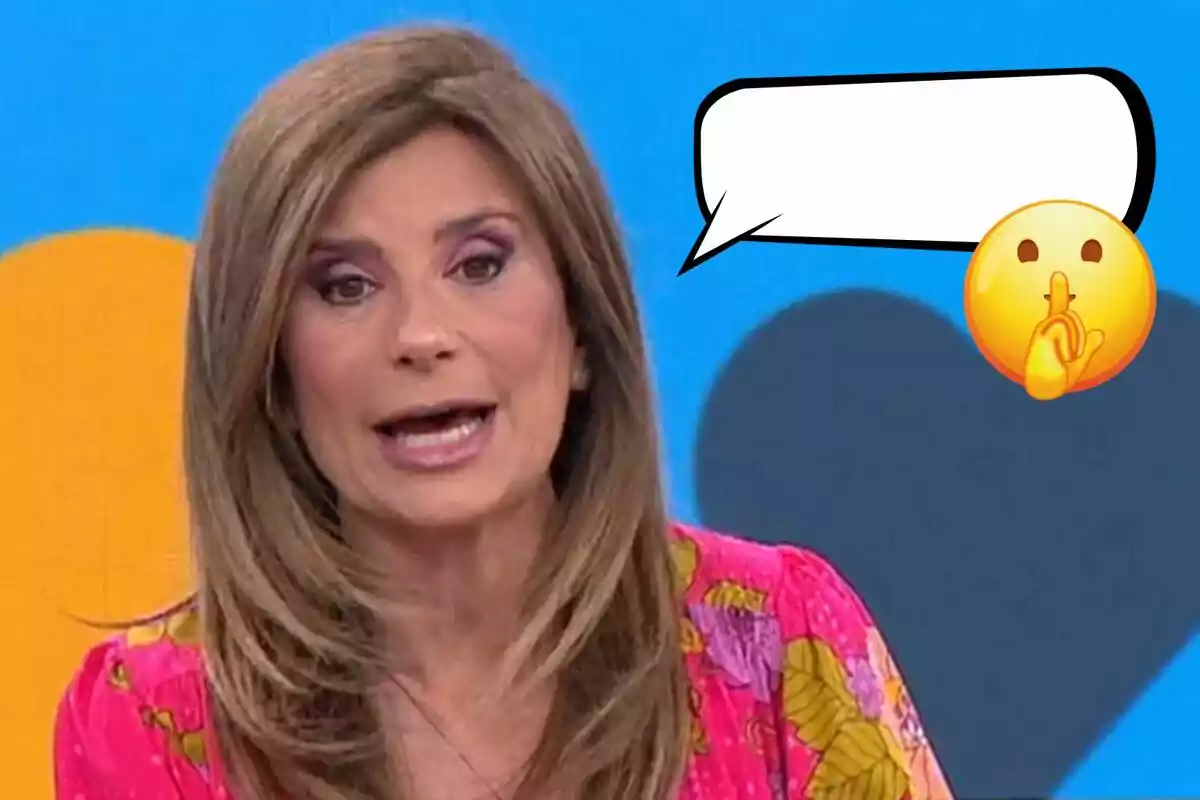 Gema López con vestido colorido aparece en un programa de televisión, junto a un globo de diálogo vacío y un emoji de silencio.