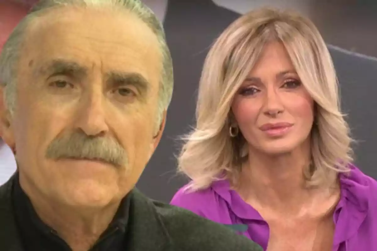 Juan y Medio y Susanna Griso en un estudio de televisión, un hombre con bigote y una mujer rubia con blusa morada, ambos mirando hacia la cámara.