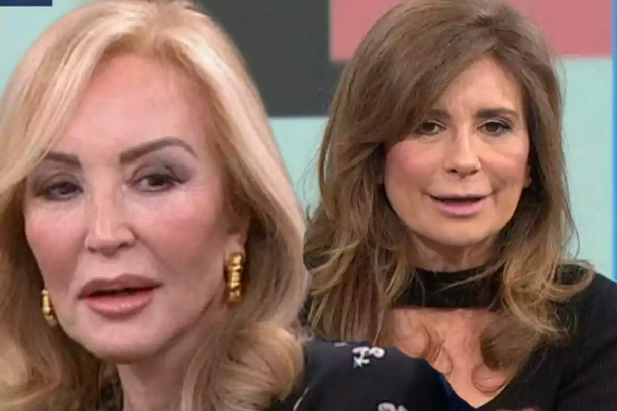 Carmen Lomana y Gema López con cabello largo y maquillaje, una en primer plano y otra en el fondo, ambas con expresiones serias.