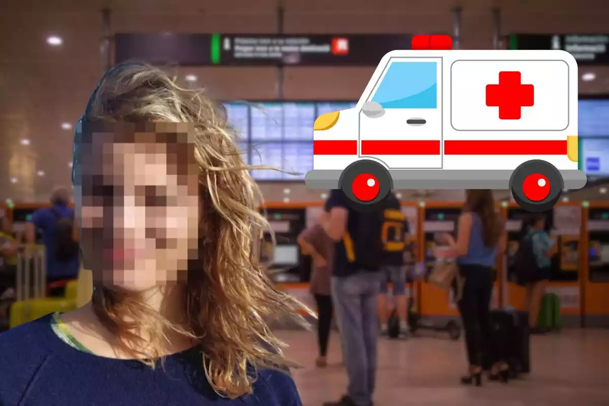 Muntatge de l'estació de Sants de Barcelona, Elena Schröder pixelada i una ambulància