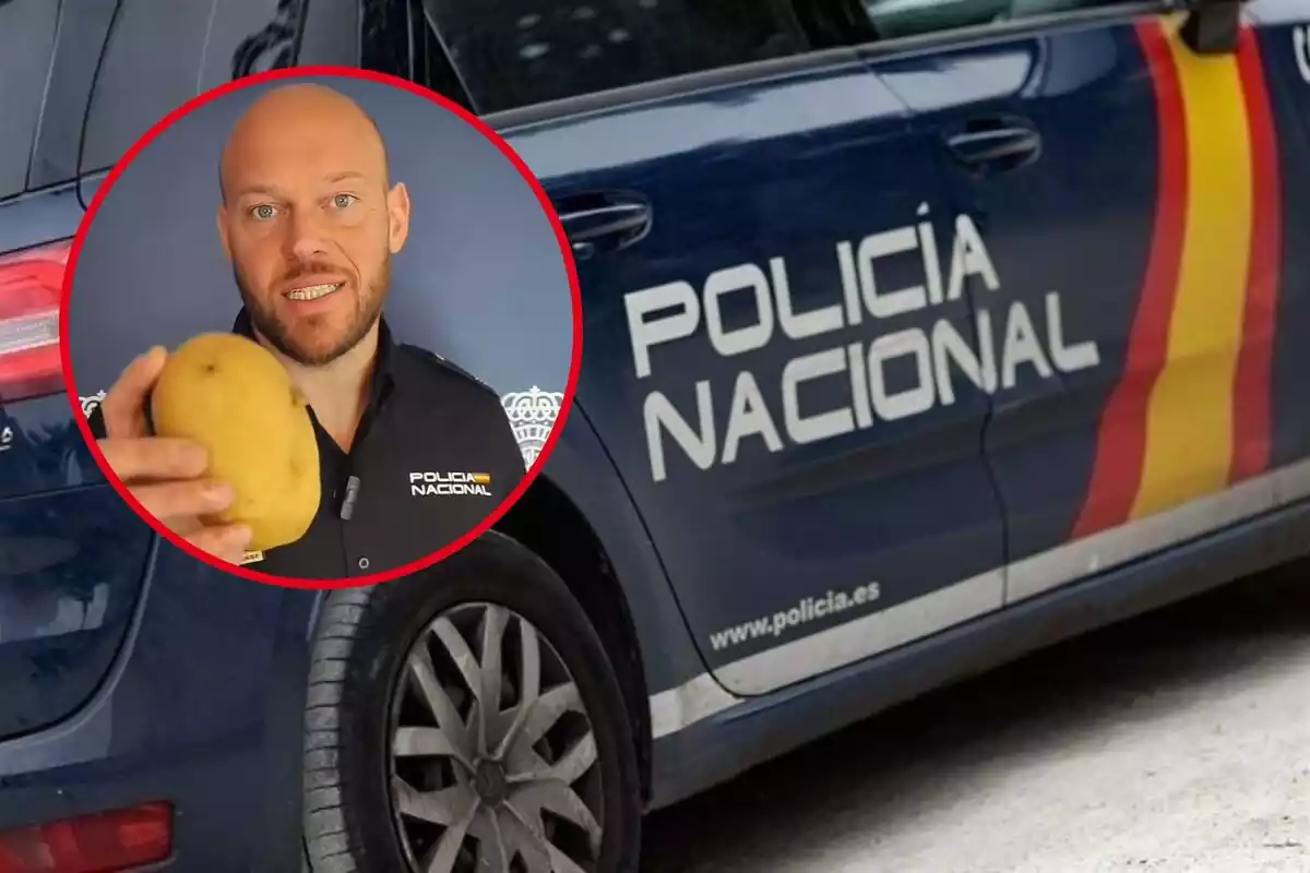 Muntatge d'un policia subjectant una creïlla i un cotxe de la Policia Nacional