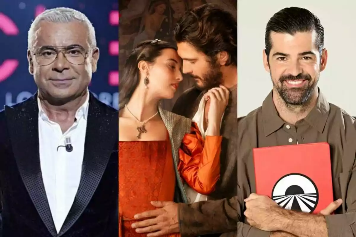 Montaje de Jorge Javier Vázquez presentando Gran Hermano a la derecha, en el centro a Amaia Aberasturi y Yon González como protagonista de Beguinas, y a la derecha Miguel Ángel Muñoz como presentador de Pekín Express