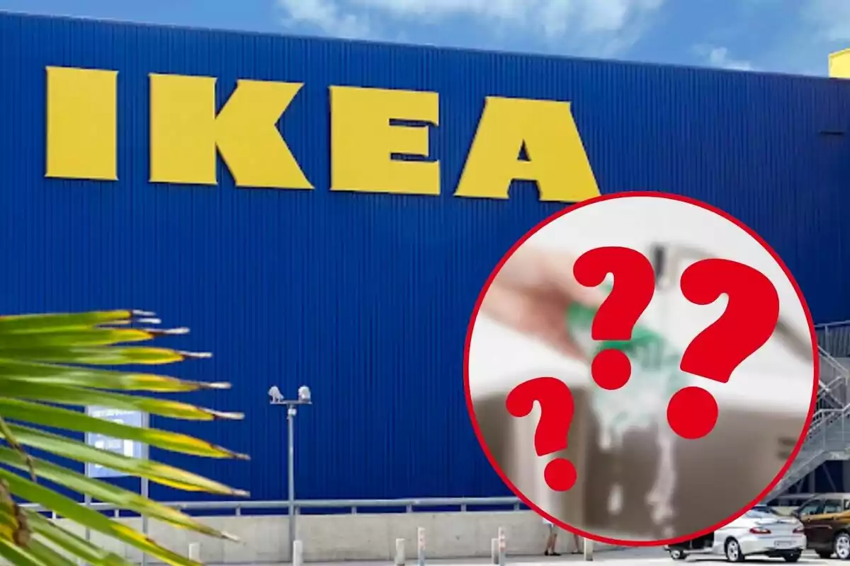 Façana d´una botiga IKEA amb un cercle vermell que conté signes d´interrogació.