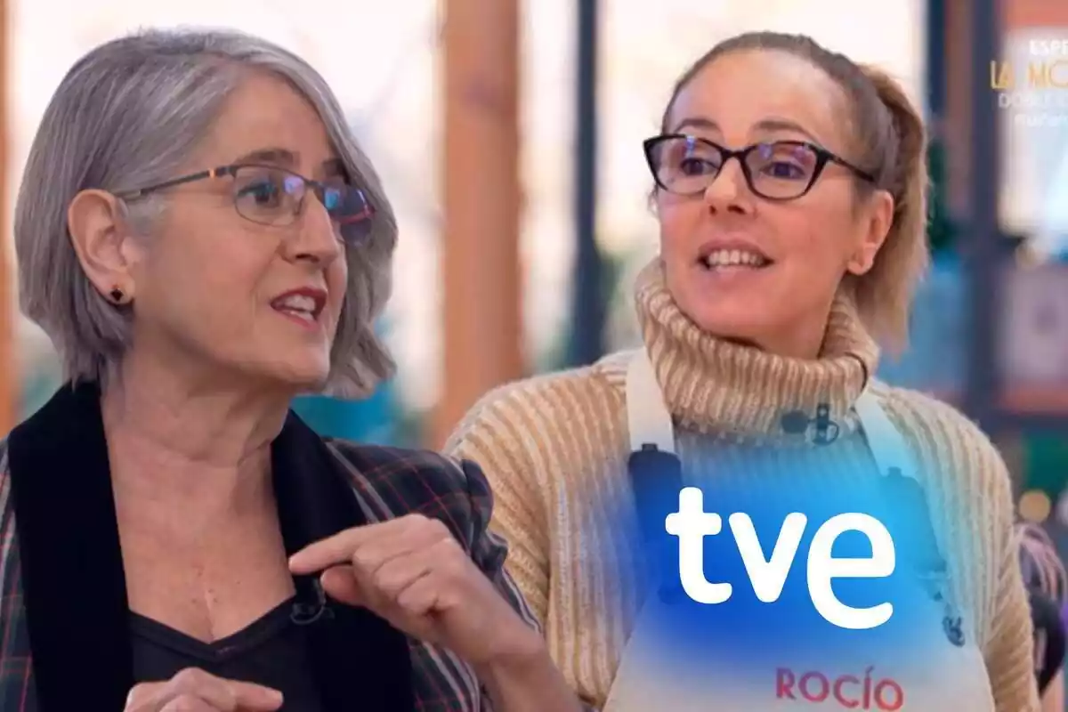 Muntatge d'Eva Arguiñano parlant traient els dits, Rocío Carrasco parlant amb coll alt i davantal i el logotip de TVE
