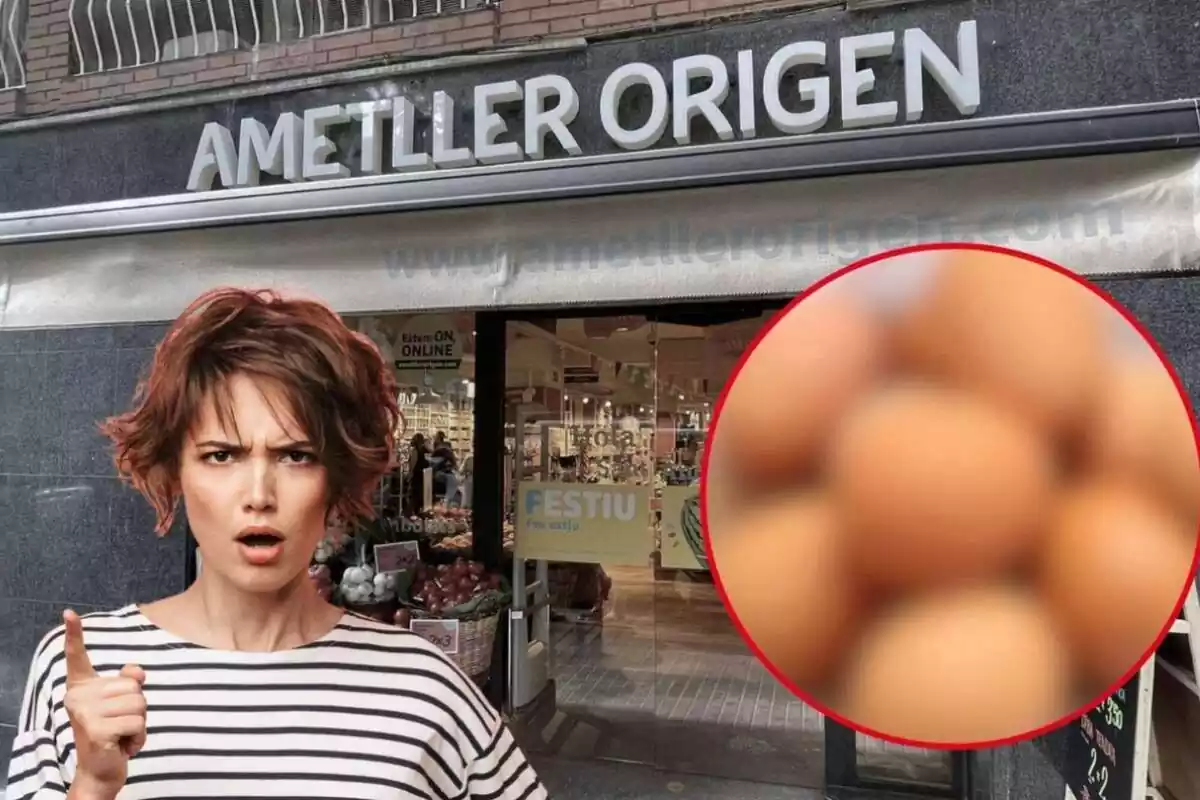 Muntatge d´una botiga Ametller Origen des de l´exterior, una noia enfadada assenyalant i uns ous desenfocats