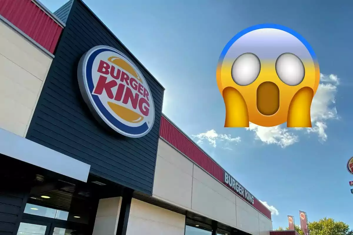 In front of a Burger King restaurant with a surprised emoji in the sky.