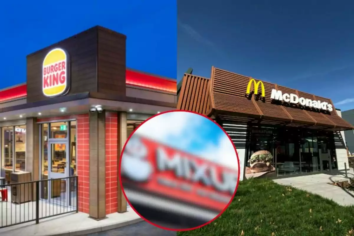 Dos restaurants de menjar ràpid, un de Burger King i un altre de McDonald's, amb un logotip borros al centre.