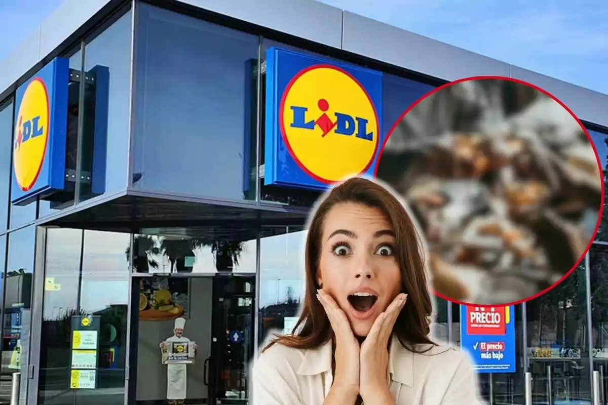 Una dona sorpresa davant d'una botiga Lidl amb un cercle borrós a la cantonada superior dreta.