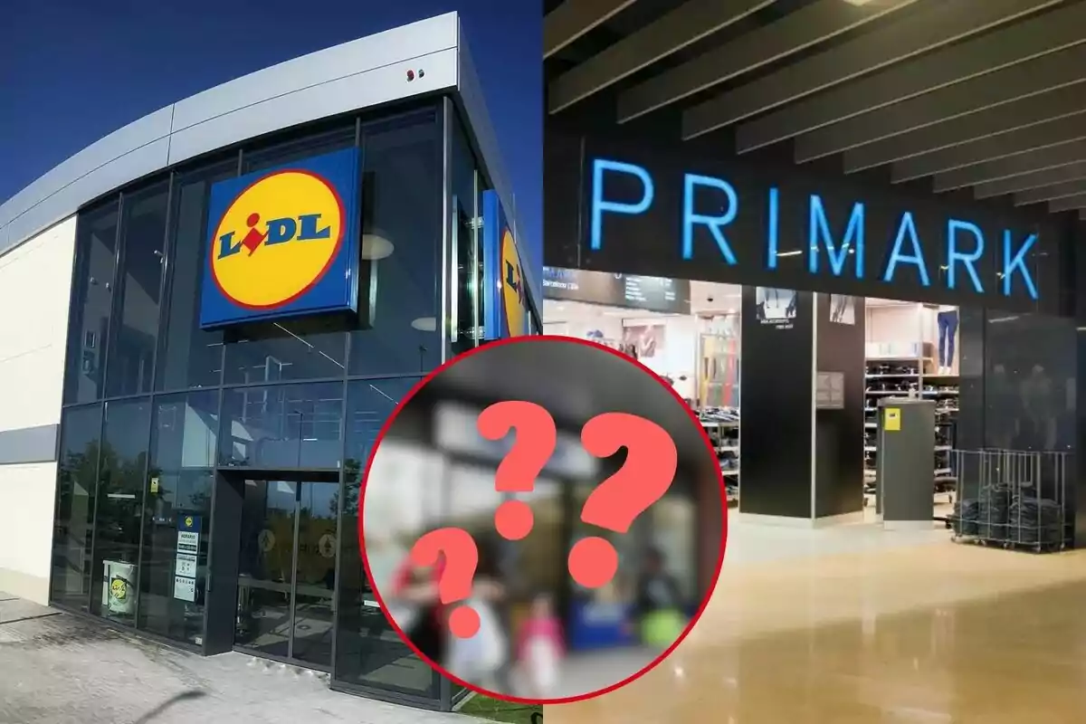 Façanes de les botigues Lidl i Primark amb un cercle vermell i signes d'interrogació al centre.