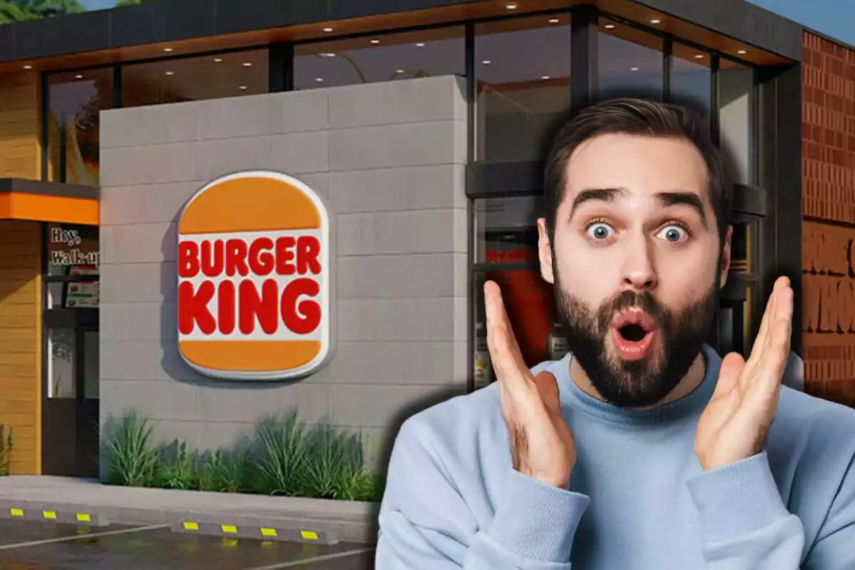 Man with a surprised expression in front of a Burger King branch