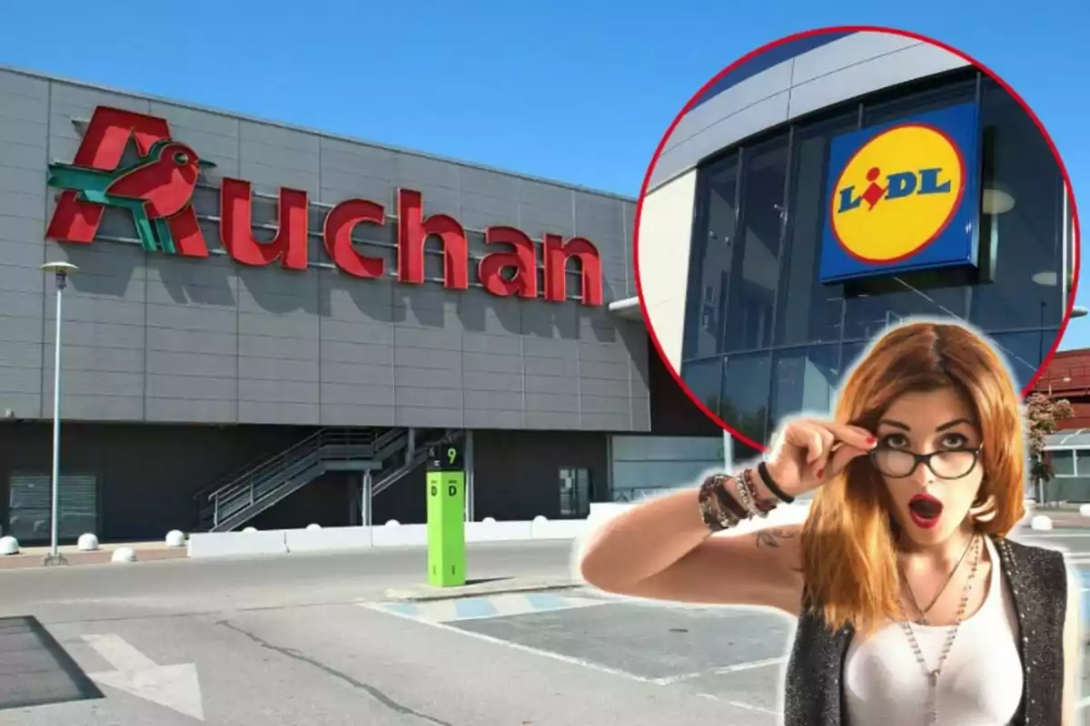 Una dona sorpresa davant d'un edifici d'Auchan amb un logotip de Lidl en un cercle superposat.