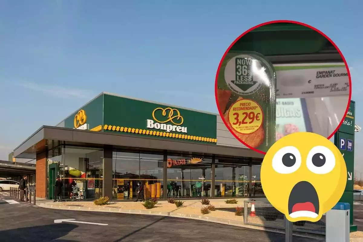 Muntatge de l´exterior d´un supermercat Bonpreu, els preus d´un producte i un emoji de sorpresa