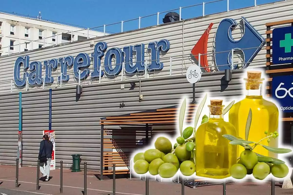 Muntatge de l'exterior del supermercat Carrefou ia la dreta la imatge de diverses ampolles amb oli d'oliva