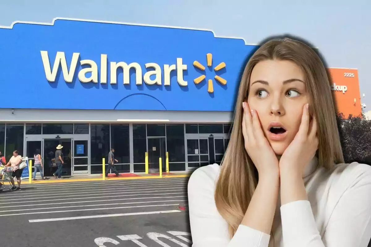 A woman with a surprised expression is superimposed in front of a Walmart store entrance.