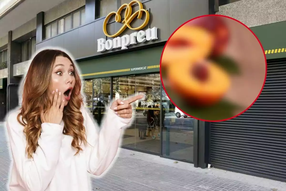 Una dona amb expressió de sorpresa assenyala cap a un supermercat Bonpreu, amb una imatge borrosa d'una fruita en un cercle vermell a la cantonada superior dreta.
